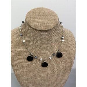 Silver & Black Bead Necklace With Dangling Stones